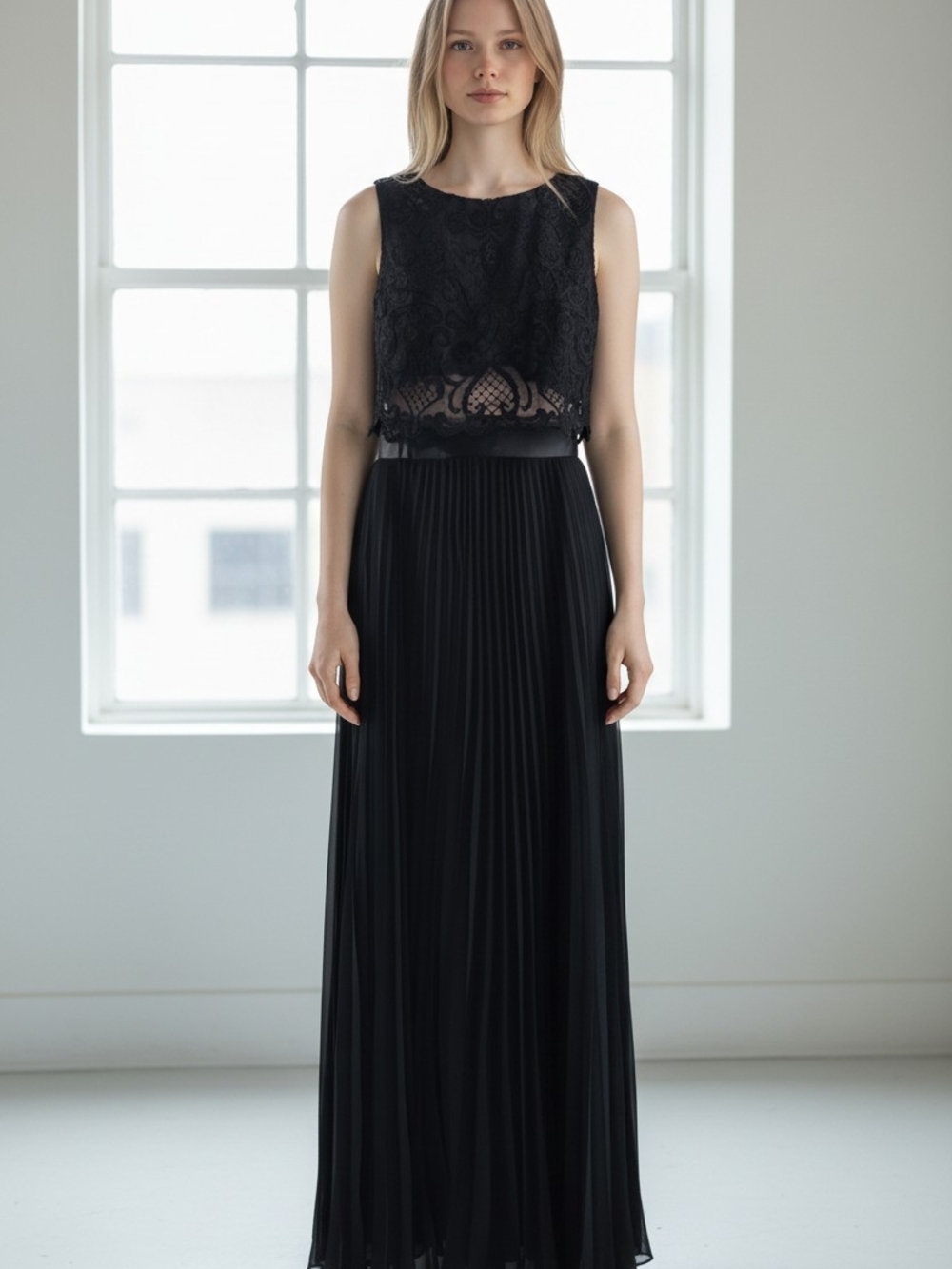 Betsy & Adam Black Lace Bodice Pleated Maxi Gown